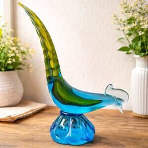 VTG Mid Century Hand Blown Murano Blue Green Glass Pheasant Bird 14" Read